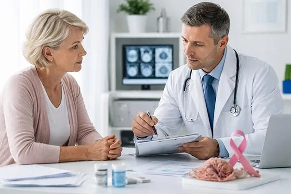 Oncology research team reviewing scan results